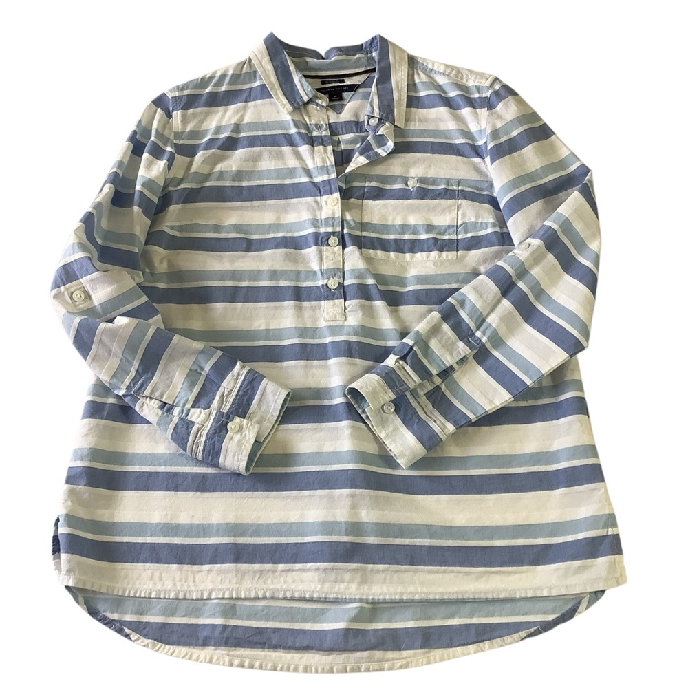 Medium Tommy Hilfiger Striped 100% Cotton Long Sleeve Half Button Blouse Top